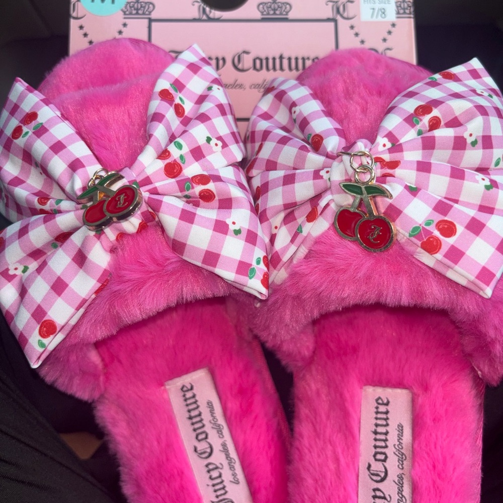 Juicy Couture Hot Pink Fuzzy Slide Slippers with Cherry Bow